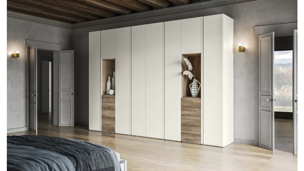 Armadio Battente Gola ZN09 finitura Perla e Rockwood Cannella di Marka Total Living