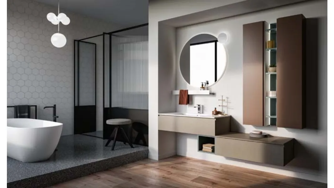 Mobile da bagno sospeso in laccato opaco terracotta e melaminico argilla Lapis 03 di Birex