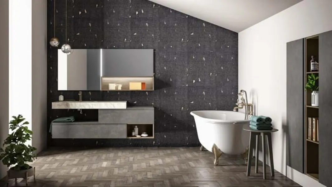Mobile da bagno sospeso in laccato metallico e rovere con top in gres effetto marmo Memento 03 di Birex