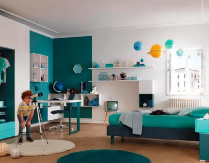 Cameretta per bambini in laccato e melaminico con letto a terra KC312 di Moretti Compact