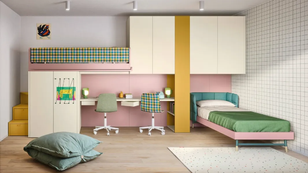Cameretta a soppalco con scrivania Kids space 16 in melaminico di Nidi
