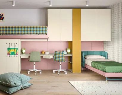 Cameretta a soppalco con scrivania Kids space 16 in melaminico di Nidi