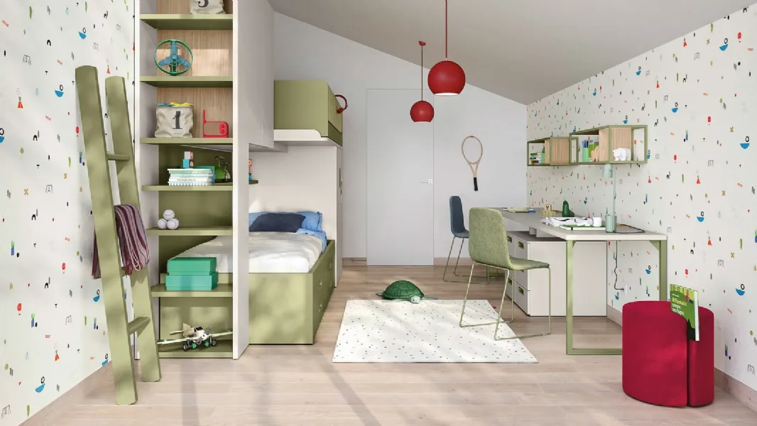 Cameretta a soppalco con scrivania Kids space 17 in melaminico di Nidi