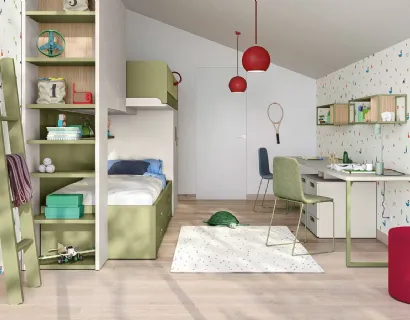 Cameretta a soppalco con scrivania Kids space 17 in melaminico di Nidi