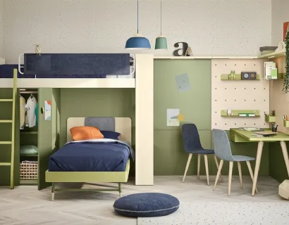 Cameretta a soppalco con scrivania Kids space 11 in melaminico di Nidi