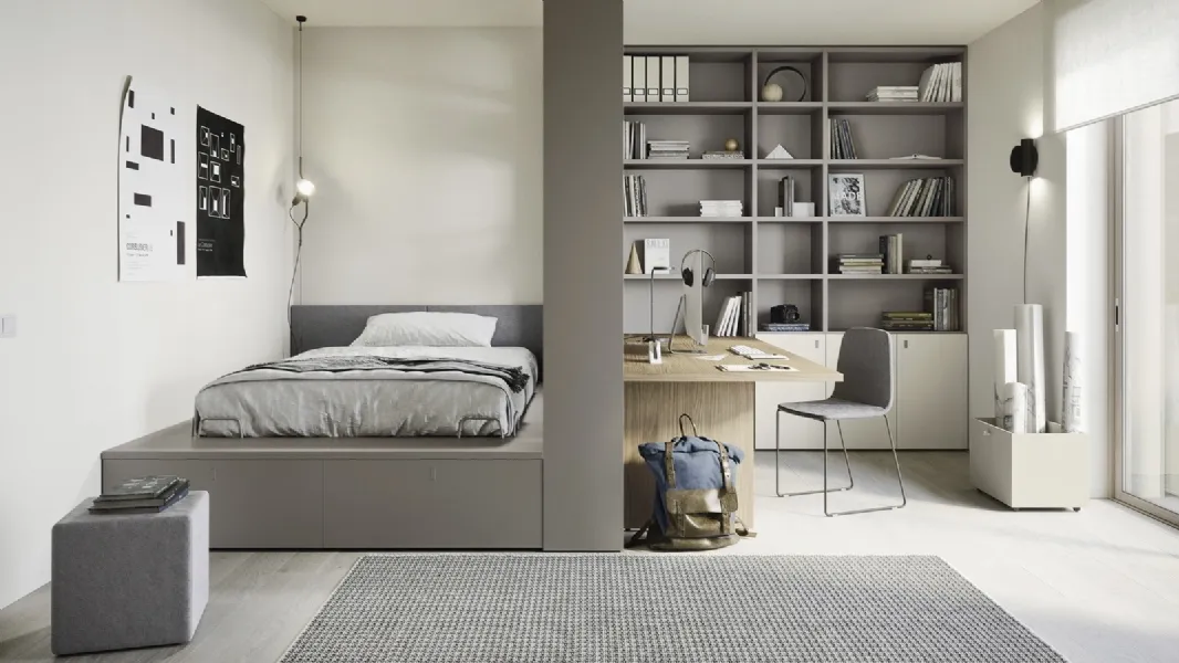 Cameretta componibile con letto su cassettone, scrivania e ampia libreria Next space 02 di Nidi