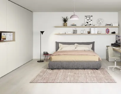 Cameretta componibile con letto matrimoniale in tessuto imbottito, scrivania e mensole Next space 08 di Nidi