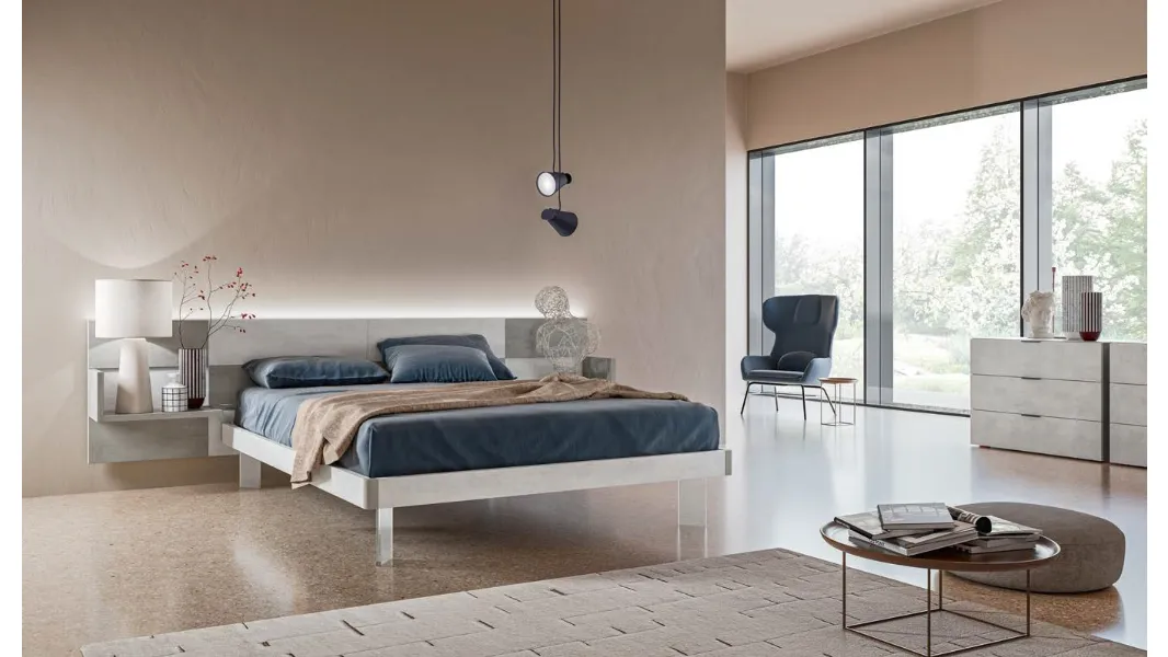 Letto con testiera Puzzle GL01 finitura Calce Bianca e Grigia con piedi in plexiglass di Marka Total Living