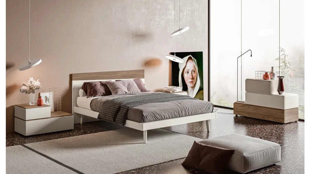 Letto con testiera Toledo GL08 finitura Perla e Noce di Marka Total Living