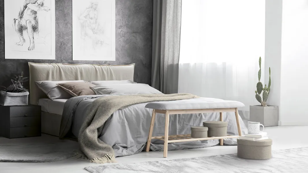 Letto Naxos in tessuto con testiera e box contenitore di Milano Bedding