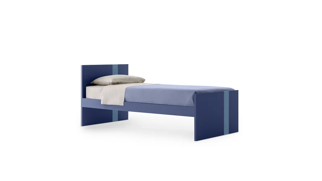 Letto singolo Lila in melaminico Blu con striscia Azzurra sulla testiera e sulla pediera di Nidi