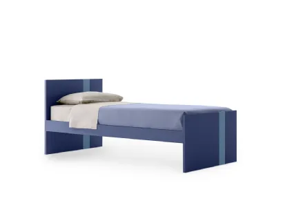 Letto singolo Lila in melaminico Blu con striscia Azzurra sulla testiera e sulla pediera di Nidi