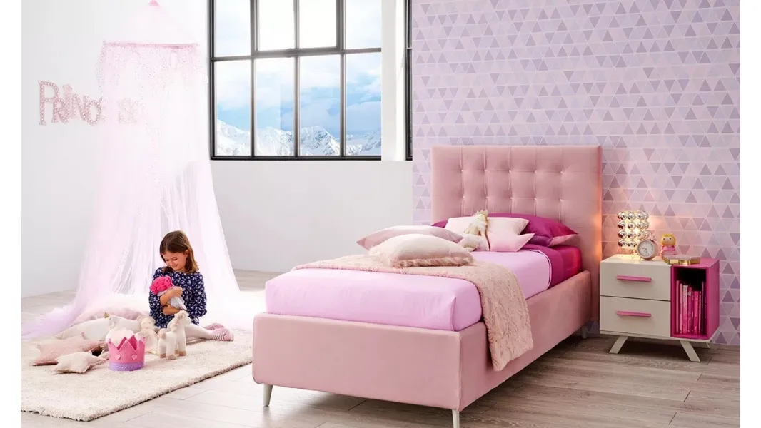 Letto singolo in velluto color rosa con imbottitura in capitonnè SC201 di Moretti Compact