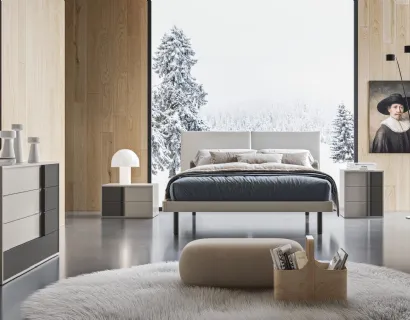 Letto matrimoniale con testiera in tessuto e giroletto in legno finitura Nuvola Vienna GL16 di Marka Total Living