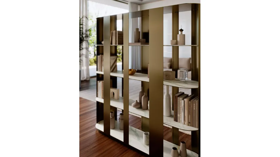 Libreria divisoria Helena in metallo laccato con ripiani in SuperMarmo di Bontempi