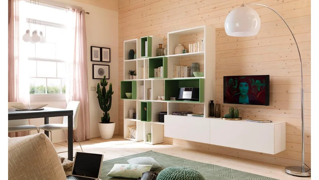 Libreria in melaminico frassino bianco e laccato Flora Outline LV102 Moretti Compact