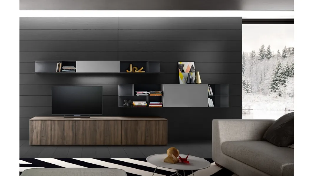 Parete Attrezzata Living 06 in laminato effetto legno e laccato Grigio opaco di Arredo3