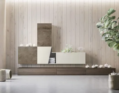 Parete Attrezzata Composizione Day M18 finitura Forestal Dark, sintetico Pietra e Perla di Marka Total Living