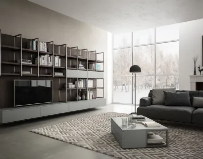 Parete Attrezzata sospesa in laccato opaco grigio e Noce bruno Living 03 di Arredo3