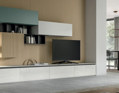 Parete Attrezzata Living Glass in laminam Pietra di Savoia e impiallacciato di Arredo3