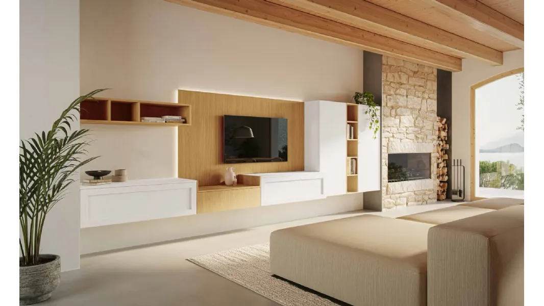 Parete Attrezzata Living MK06 in melaminico Oak Naturale e pet Bianco di Gentili Cucine