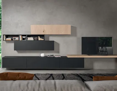 Parete Attrezzata Living T04 in Fenix Nero e impiallacciato Rovere di Gentili Cucine