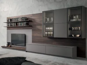 Parete Attrezzata Living T05 in Fenix Grigio Londra e melaminico Noce dark di Gentili Cucine