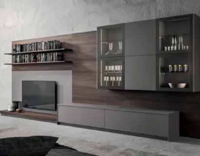 Parete Attrezzata Living T05 in Fenix Grigio Londra e melaminico Noce dark di Gentili Cucine