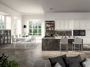 Cucina Classica angolare con penisola in legno di Frassino laccato Bianco a poro aperto e laminato effetto marmo Emma di Arredo3