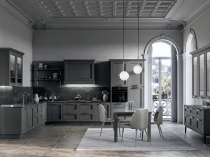 Cucina Classica angolare in laccato opaco Grigio e top in laminam Nero Greco Meg di Arredo3