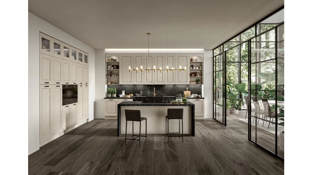 Cucina Classica con isola in legno di Frassino finitura Juta decapè e top in Dekton Verona di Arredo3