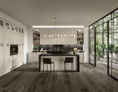Cucina Classica con isola in legno di Frassino finitura Juta decapè e top in Dekton Verona di Arredo3