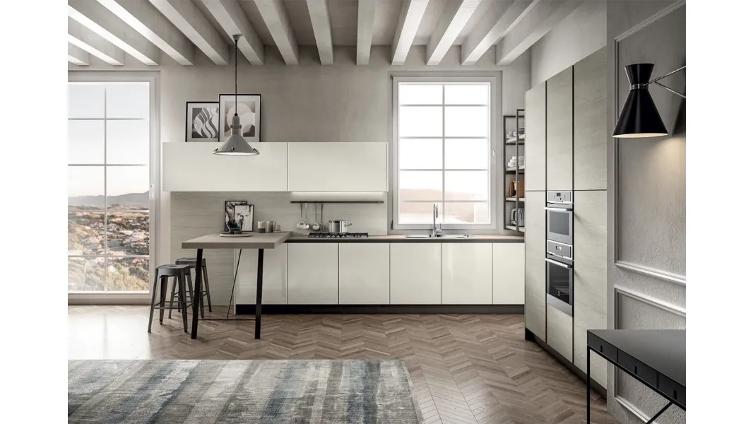 Cucina Moderna in laccato lucido e laminato Rovere Atalanta con penisola Cloe di Arredo3