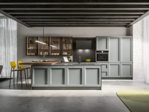 Cucina Moderna con isola in laccato poro aperto Grigio perla e penisola in finitura Rovere safari Frida Modern di Arredo3