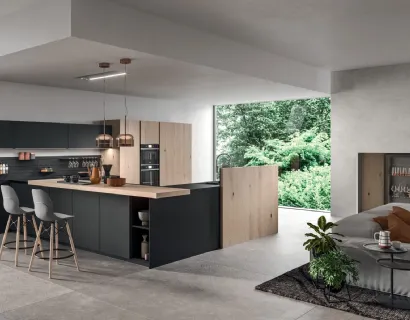 Cucina Moderna con penisola Time 04 in vetro Nero opaco e impiallacciato Rovere nordico nodato di Gentili Cucine