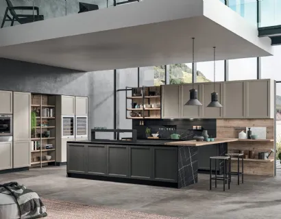 Cucina Moderna Time 10 in Rovere laccato Grigio Perla, Rovere tinto Grafite e legno antico Old Abete saponato di Gentili Cucine