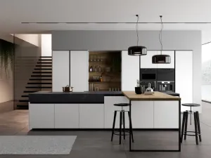 Cucina Moderna Glass 2 0 in vetro opaco bianco puro con penisola in laminato Noce Imperial di Arredo3