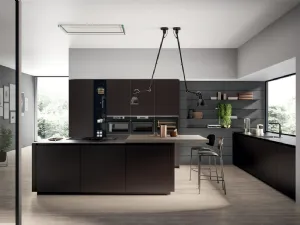 Cucina Moderna con isola in vetro opaco Caffè e penisola in impiallacciato Rovere safari Glass 2 0 di Arredo3
