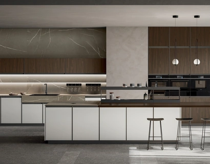 Cucina Moderna con isola Kronos 02 in pet bianco e laminato noce di Arredo3