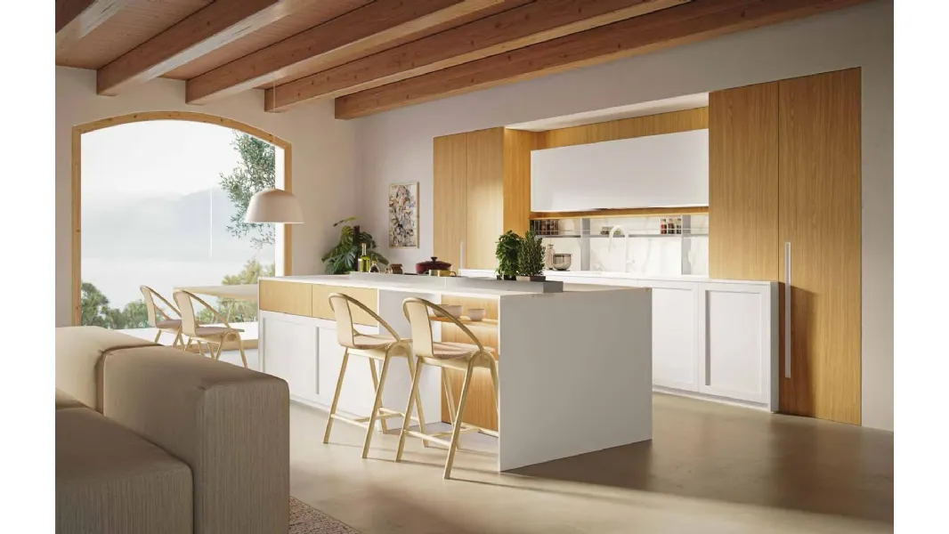 Cucina Moderna con isola MK06 in pet Bianco e melaminico Oak Naturale di Gentili Cucine