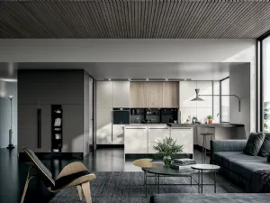 Cucina Moderna Round angolare con penisola in laminato Seta Bianco e Roccia con top in Quarzo di Arredo3