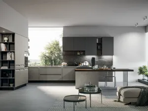 Cucina Moderna angolare in Pet opaco resina polvere, pensili in polimerico opaco lavagna e top in pietra grey con penisola Tekna di Arredo3