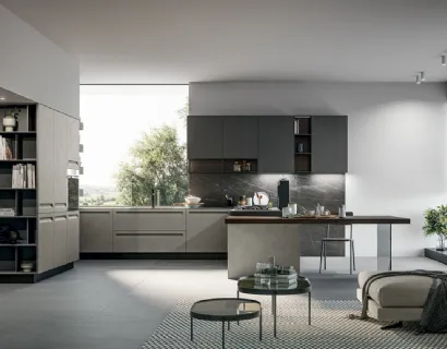 Cucina Moderna angolare in Pet opaco resina polvere, pensili in polimerico opaco lavagna e top in pietra grey con penisola Tekna di Arredo3