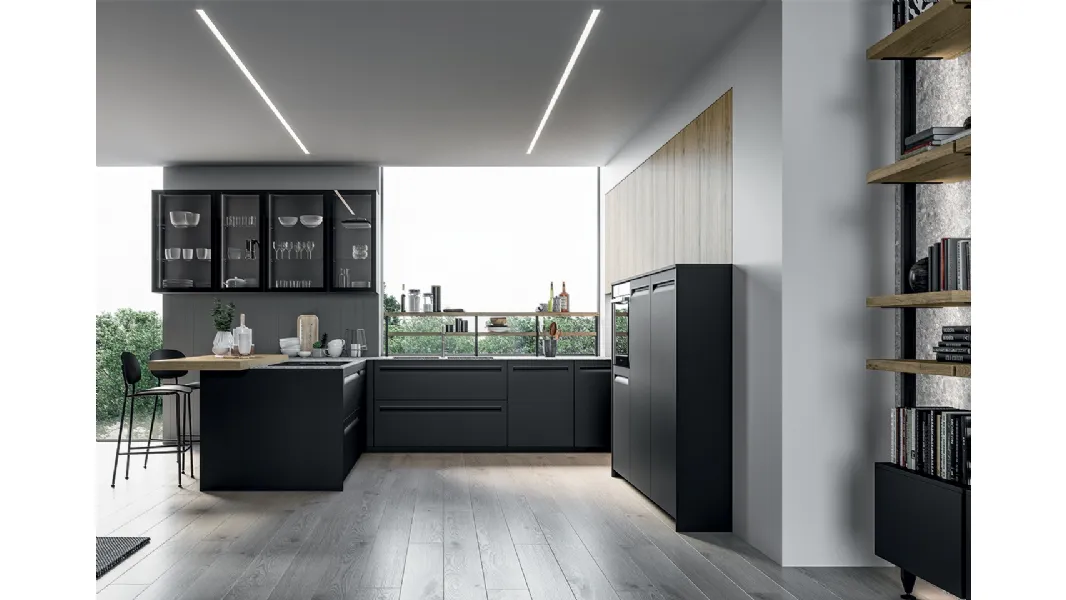 Cucina Moderna angolare Tekna in polimerico Nero opaco e laminato Rovere biondo di Arredo3