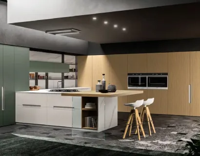 Cucina Moderna con penisola Time 04 2023 in Pet opaco Felce e Bianco e cannettato Grano di Gentili Cucine