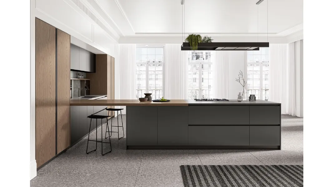 Cucina Moderna angolare in laccato metallizzato ossidato con penisola e colonne in laminato Rovere Safari Time di Arredo3