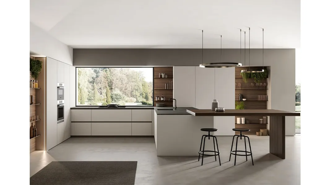 Cucina Moderna angolare laccato opaco Nebbia con penisola in Eucalipto Noce Time di Arredo3