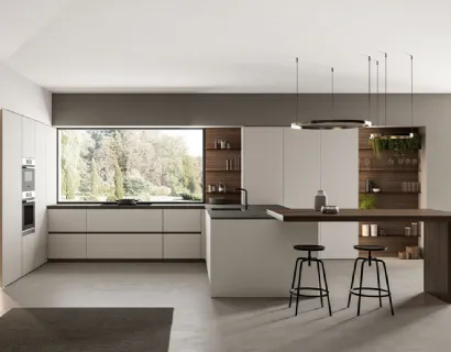 Cucina Moderna angolare laccato opaco Nebbia con penisola in Eucalipto Noce Time di Arredo3