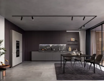 Cucina Moderna lineare in laminato Resina Cromo e impiallacciato Coke con top in ceramica effetto Marmo Nero rigato Wega di Arredo3
