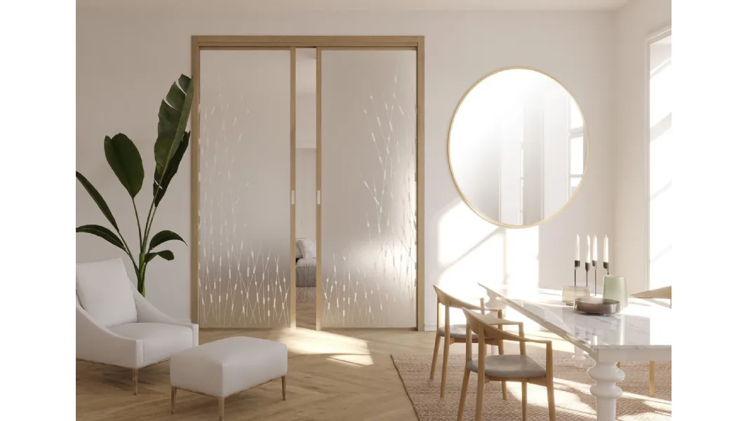 Porta per interni scorrevole Flat F1 in vetro con struttura in rovere di Foa